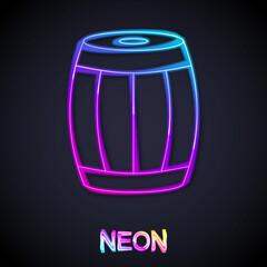 Fototapeta na wymiar Glowing neon line Wooden barrel icon isolated on black background. Alcohol barrel, drink container, wooden keg for beer, whiskey, wine. Vector