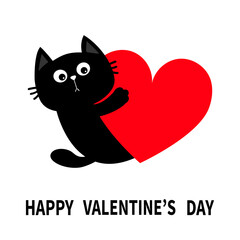 Happy Valentines Day. Cat kitten kitty head face holding big red heart. Cute cartoon kawaii funny animal character. Flat design. Love card. Sticker print. White background. Isolated.