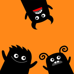 Monster set in the corner waving hand. Happy Halloween. Funny face head body. Kawaii cute cartoon baby character. Horn, fang tooth, tongue. Three black silhouettes. Flat design. Orange background.