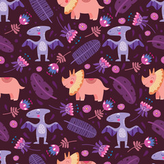 Seamless pattern with cute dinosaurs, baby pattern. Color illustration in vector.