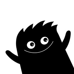 Monster in the corner waving hand. Happy Halloween. Kawaii cartoon baby character. Cute face head body. Funny hair. Black silhouette. Flat design. White background.