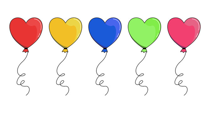 Heart shaped balloons in flat style set. Stock vector.