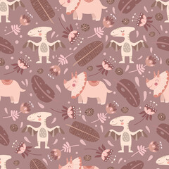 Seamless pattern with cute dinosaurs, baby pattern. Color illustration in vector.