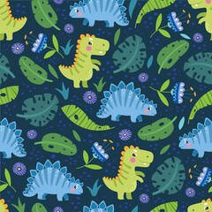 Seamless pattern with cute dinosaurs, baby pattern. Color illustration in vector.