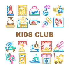 Kids Club Hobby Funny Occupation Icons Set Vector. Street Games And Sport Tourism, Theatrical And Chemistry Children Club, Air Simulation And Radio Controlled Car Sections Color Illustrations