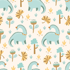 Seamless pattern with cute dinosaurs, baby pattern. Color illustration in vector.