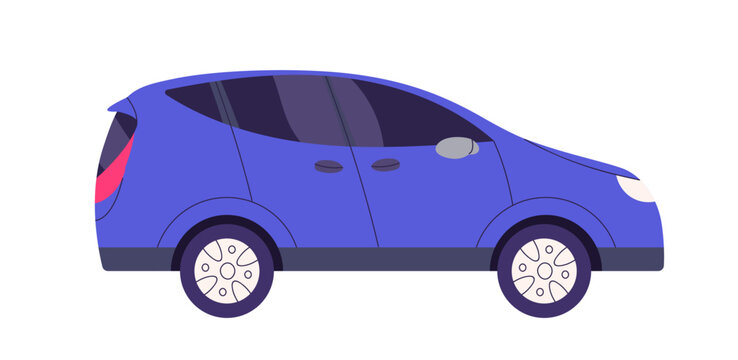 Car side view. Blue auto, road vehicle with hatchback body type. Wheel transport profile. New abstract automobile model with tinted glass. Flat cartoon vector illustration isolated on white background