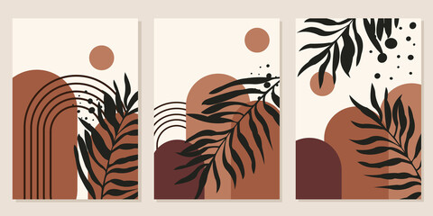 set of wall decor designs. trendy and minimalist aesthetic background with abstract shape elements. brown cover design