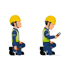 Industrial workers with clamp meter on white background
