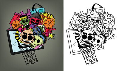 Vector illustration of basketball competition theme in doodle style. basketball monster player in two color design, perfect to print on 