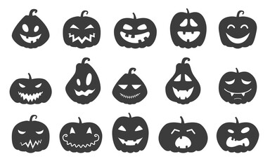 Collection of funny Halloween pumpkins silhouettes isolated on a white background. Vector illustration - obrazy, fototapety, plakaty