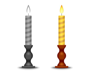 Burning candle and candlestick, 3D vector illustration. 3D render of candle with flame, holiday decoration and design. Holiday vector graphics