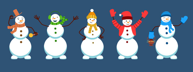 A set of cute Christmas snowmen in a scarf and hat. New Year illustration. Isolated Vector graphics in a flat, cartoon style