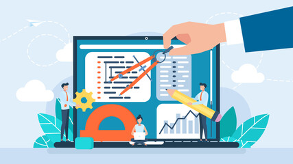 Fototapeta premium IT Programming Support. Concept of script coding. Programming language. Tiny characters working on web development on laptop. Software developers. Workplace of the programmer. Flat vector illustration