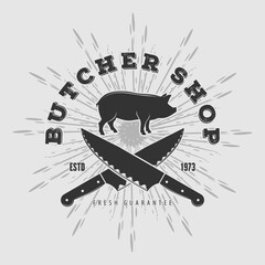 Butcher shop logo design with pig. Vector illustration