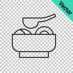 Black line Ramen soup bowl with noodles icon isolated on transparent background. Bowl of traditional asian noodle soup. Vector