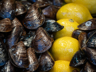 marinated mussels in close up