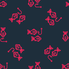 Red line Fishing hook under water with fish icon isolated seamless pattern on black background. Fishing tackle. Vector