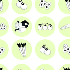 Print design vector illustration of vegetables on white background with circle concept. Seamless pattern with flat style.	