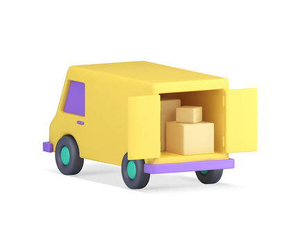 Cargo Minivan Yellow Automobile Open Doors Full Of Cardboard Package Realistic 3d Icon Vector