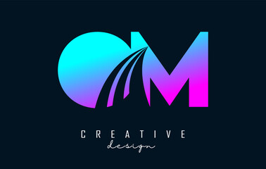 Creative colorful letters OM o m logo with leading lines and road concept design. Letters with geometric design.