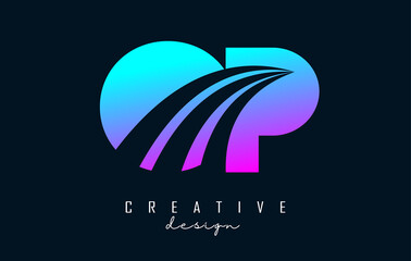 Creative colorful letters OP o p logo with leading lines and road concept design. Letters with geometric design.