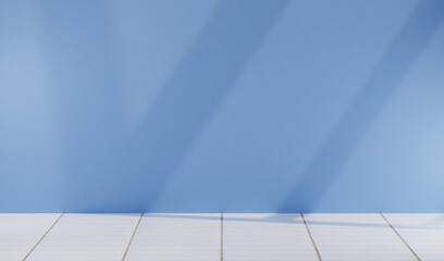 Empty blue studio with white tile beautiful lights and shadows. Perfect for summer theme background. Blank display for showing product. -3D Rendering.