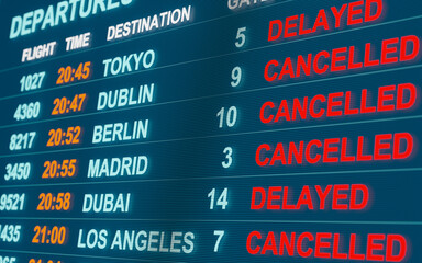 Airport flight table. Cancelled or delayed flights to Dublin, Berlin, Madrid or Dubai. Close up flight departure board. International airport, tourism and travel concept. 3D illustration - obrazy, fototapety, plakaty