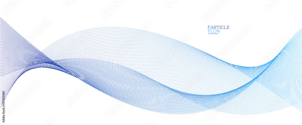 Poster blue airy particles flow vector design, abstract background with wave of flowing dots array, digital
