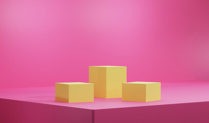 3D yellow podium with pink minimal background. Perfect for showing product and promotion. Fresh colour tone, fits on women product. -3D rendering
