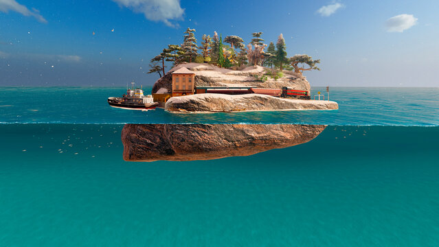 Coniferous forest on a snow-covered rocky island with a pier and a locomotive