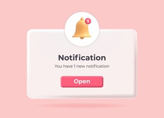 3d notification. Popup page with floating elements. Social media, business or event planning, reminder with 3d bell. Vector Illustration
