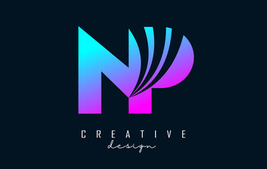 Creative colorful letters NP n p logo with leading lines and road concept design. Letters with geometric design.
