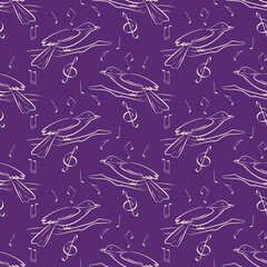 elegant pattern with outline silhouette of singing bird and music notes