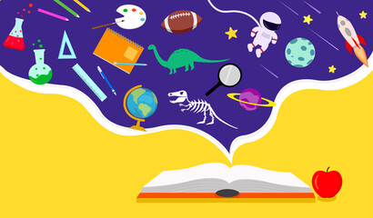 Colorful back to school banner poster, open book and apple on yellow background with purple space dreaming imagination of knowledge education icons, reading is inspiration of kid, vector illustration.