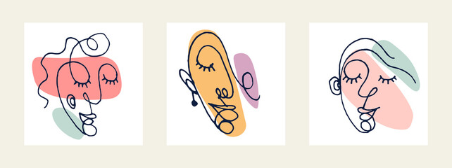 Abstract face girl vector portrait set, abstraction art woman head, hand drawn minimal modern artwork, painted human facial abstraction.