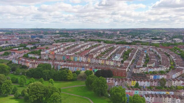 Bristol, UK: Aerial view of city in England, large residential area near Victoria Park - landscape panorama of United Kingdom from above