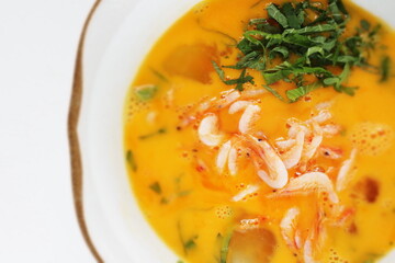 Japanese cooking ,shrimp and Herbal Shiso in egg wash 