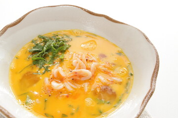 Japanese cooking ,shrimp and Herbal Shiso in egg wash 