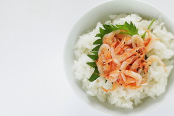 Japanese food, boiled shrimps and herbal Shiso on rice 