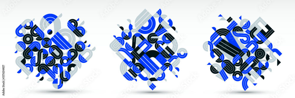 Poster dynamic messy abstract vector design compositions set, blue minimal lined modern art collection, sty