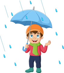 Cartoon little boy holding umbrella in the rain