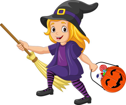 Cartoon little witch girl carrying a basket of candies in a pumpkin basket. Little girl wearing witch halloween costume holding broom