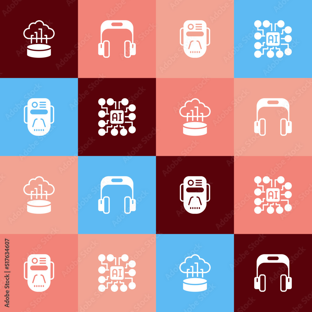 Poster set pop art network cloud connection, headphones, artificial intelligence robot and neural network i