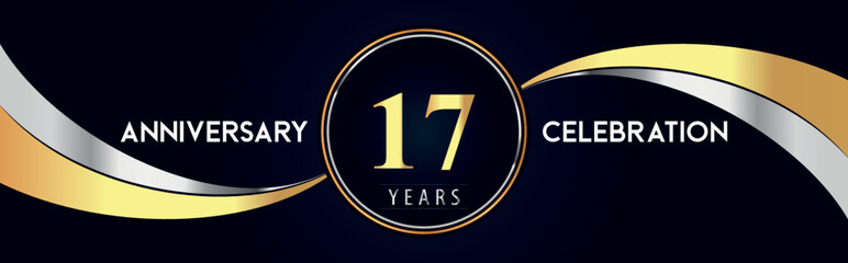 17 years anniversary celebration logo design with gold and silver creative shape on black pearl background. Premium design for poster, banner, weddings, birthday party, celebration event.