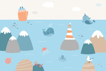 Cute children's landscape illustration with sea animals, mountains, lighthouse, clouds, ship and seagulls. Children's wallpaper painting and mural. Travel concept, children's horizontal poster. Vector © Mira Asami