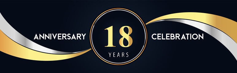 18 years anniversary celebration logo design with gold and silver creative shape on black pearl background. Premium design for poster, banner, weddings, birthday party, celebration event.