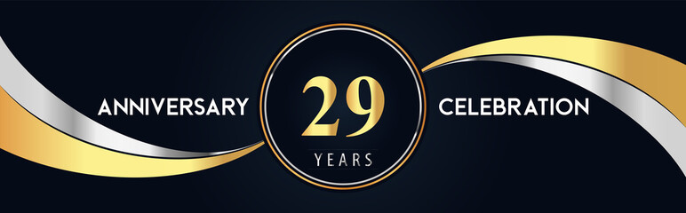 29 years anniversary celebration logo design with gold and silver creative shape on black pearl background. Premium design for poster, banner, weddings, birthday party, celebration event.