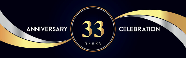 Fototapeta premium 33 years anniversary celebration logo design with gold and silver creative shape on black pearl background. Premium design for poster, banner, weddings, birthday party, celebration event.