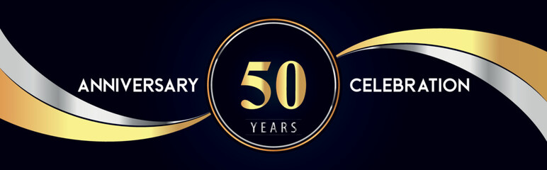 50 years anniversary celebration logo design with gold and silver creative shape on black pearl background. Premium design for poster, banner, weddings, birthday party, celebration event.